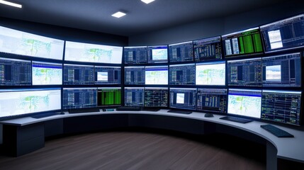 Poster - High-tech control room data monitoring digital display modern environment wide angle view