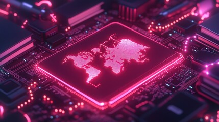 Aufkleber - Close-up of abstract neon digital circuit board design with world map technology