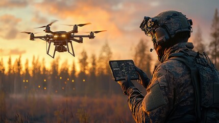 Leinwandbilder - Advanced military drone launching from soldier's hand in tactical environment for enhanced combat efficiency