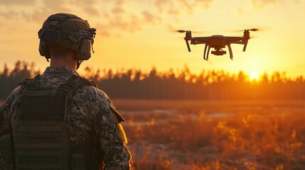 Leinwandbilder - Advanced military drone launching from soldier's hand in a dynamic battlefield environment at sunset for enhanced tactical operations