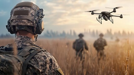 Leinwandbilder - Enhancing battlefield coordination integrating soldiers and drones for superior operational standards in combat zones
