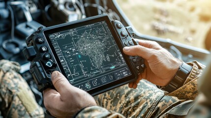 Fototapete - Soldier operating drone controller military base closeup shot tactical environment hands-on view precision operation