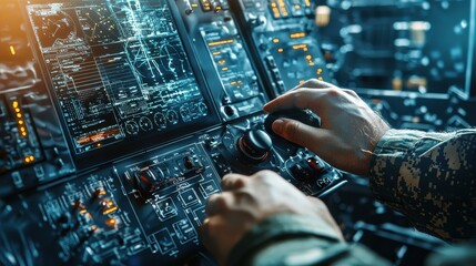 Poster - Soldier operating drone control standard military base close-up image high-tech environment overhead view precision and focus