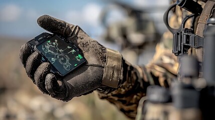 Leinwandbilder - Tactical gloves gripping a high-tech drone control standard outdoor military environment closeup action shot for enhanced technological insights