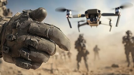 Poster - Tactical action with drones closeup of gloves gripping high-tech device in desert environment