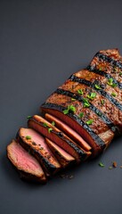 Wall Mural - a perfectly grilled, sliced steak garnished with fresh herbs and spices on a dark slate background.