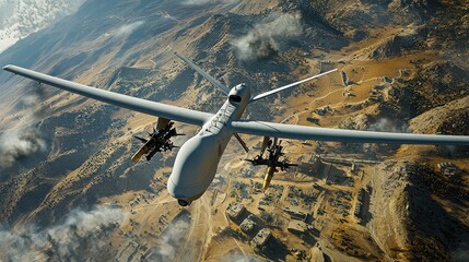 Leinwandbilder - Drone with improvised rocket launcher system hovering above aaab standard in military operations aerial combat zone technical overview