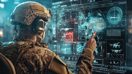 Leinwandbilder - Advanced military command operations high-tech command center digital interface tactical environment soldier engagement high-tech military strategies