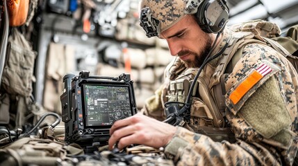 Leinwandbilder - Soldier operates advanced long-range control system military base action scene tactical environment close-up viewpoint high-tech warfare strategy