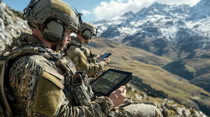 Leinwandbilder - Tactical operator utilizing touchscreen tablet to navigate operations in rugged mountain terrain a strategic overview of modern warfare technology and its impact on field decision-making
