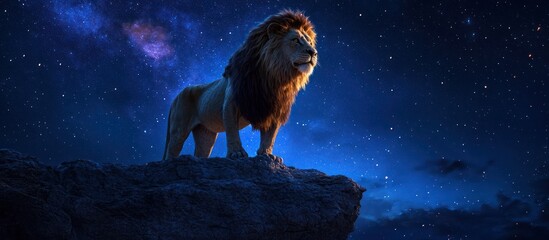 Wall Mural - A majestic lion stands on a rocky cliff under a starry night sky.