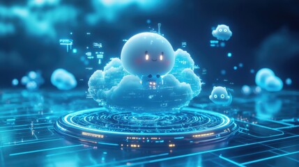 Wall Mural - futuristic digital cloud with animated characters in neon atmosphere