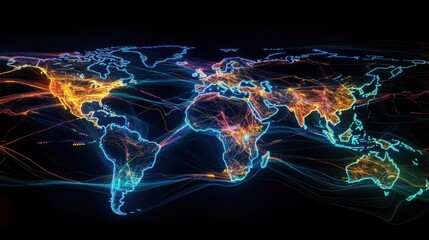 Wall Mural - colorful neon network connections over world map illustration