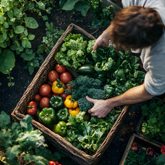 Wall Mural - Gardener arranging fresh vegetables in a basket vegetable garden photography outdoor close-up nature's bounty