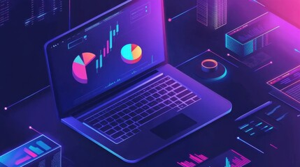 Wall Mural - modern laptop with vibrant data visualization and graphs