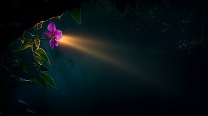 Poster - Single purple orchid illuminated by a sunbeam in a dark, misty forest.