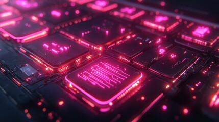 A close-up of a futuristic circuit board with glowing pink lines.