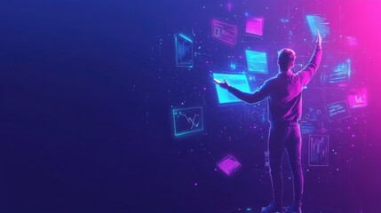 Person Interacting with Virtual Data in Futuristic Digital Space
