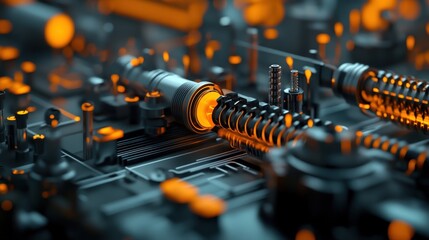 Fototapete - Abstract depiction of intricate engineering components illuminated by vibrant orange light against a dark background, emphasizing technology and innovation in modern machinery.