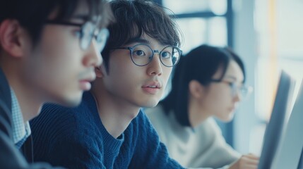 japanese programmer team coding in modern office. innovative japanese coder group at work in startup