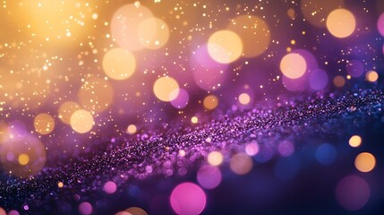 Wall Mural - Abstract glowing background with a blend of purple and gold, twinkling glitter, blurred circles, and shimmering glimmers creating a festive atmosphere