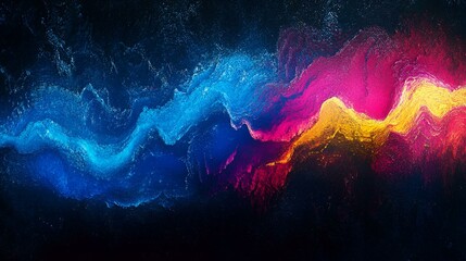 Wall Mural - Abstract glowing color wave in blue, pink, and yellow with a grainy texture, blending seamlessly into a black dark backdrop for a dynamic, modern look