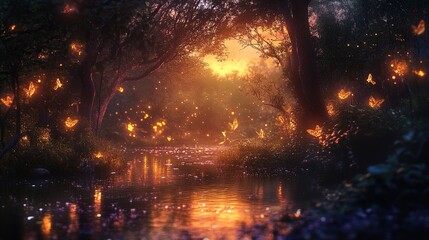 Wall Mural - A serene landscape captures a tranquil waterway surrounded by lush greenery at dusk. The scene is adorned with softly glowing butterflies fluttering through the air, creating a magical atmosphere. The