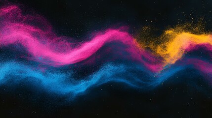 Wall Mural - Abstract grainy gradient design with vibrant blue, pink, and yellow waves, glowing against a black dark backdrop with a textured noise effect