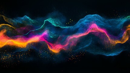 Wall Mural - Abstract grainy gradient design with vibrant blue, pink, and yellow waves, glowing against a black dark backdrop with a textured noise effect