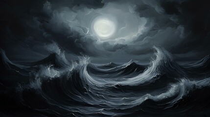 Wall Mural - Enigmatic swirling midnight waves in dark tones, abstract illustration exuding ethereal elegance, captivating the viewer with its artistic depth