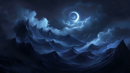 Wall Mural - Enigmatic swirling midnight waves in dark tones, abstract illustration exuding ethereal elegance, captivating the viewer with its artistic depth