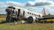 © Natchooda - A wrecked plane in a field after an accident, with scattered debris and destroyed parts of the fuselage.