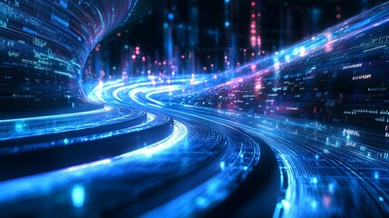 Wall Mural - Futuristic blue wavy lines with holographic data effects, perfect for a street banner design, evoking innovation and digital transformation