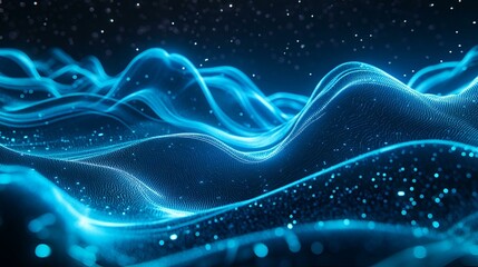Wall Mural - Holographic blue wavy lines representing abstract technology data flow, futuristic street banner design with glowing effects and sleek curves