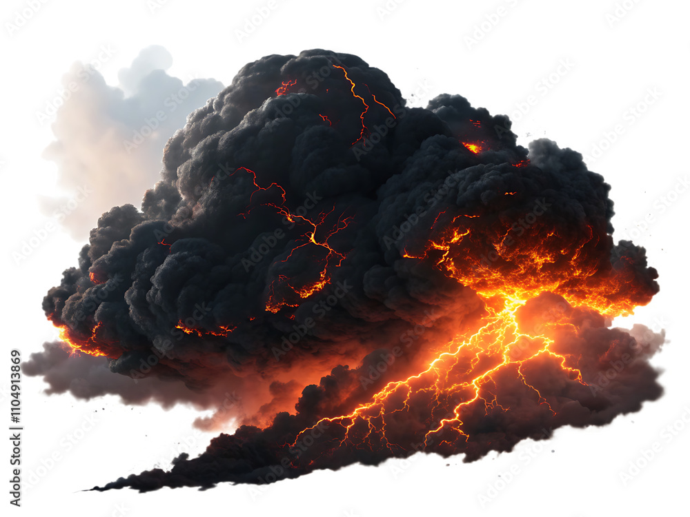 Black smoke storm clouds with fire and lightnings isolated on white ...