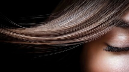 A close up shot of a woman with long, sleek, and shiny hair, cascading over her shoulders, emphasizing hair care and styling techniques.