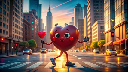 Cute Heart Stop Sign Character - Walking Animation 4K City Background