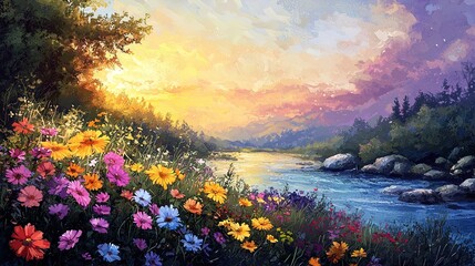 Wall Mural - A picturesque landscape bathed in warm hues of orange and yellow, depicting a serene river flowing through a meadow filled with colorful wildflowers. The foreground features vibrant flowers in shades 