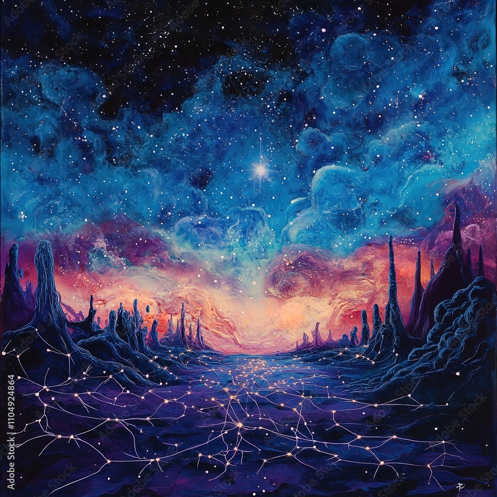 The image portrays a mesmerizing cosmic landscape filled with vibrant ...