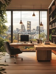 Sticker - Contemporary wooden office interior with desktop, equipment, window with city view and other items. Workplace and design concept. 3D Rendering