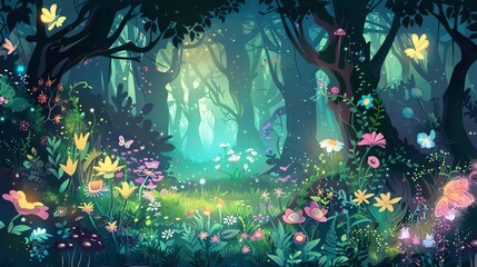 Canvas Print - a whimsical illustration of a magical forest at night with glowing flowers and butterflies.