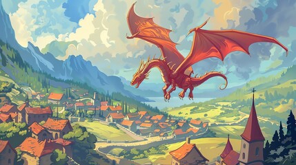 Wall Mural - A red dragon flies over a colorful, medieval village and mountain range.