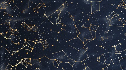 a seamless pattern of constellations and stars on a dark blue background.