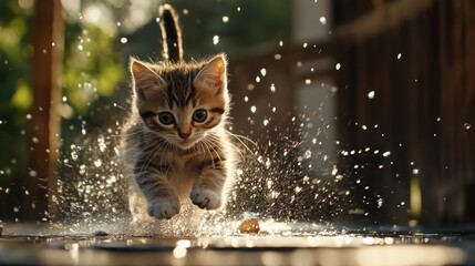 Poster - Adorable Kitten Leaping Through Sparkling Water Splashes