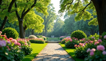 Wall Mural - A serene garden path leading to a statue in the distance