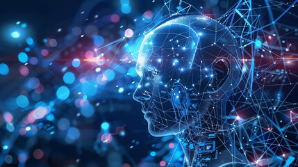 Wall Mural - a digital rendering of a human head made up of glowing lines and points, in front of a blue backgrou