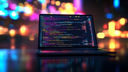 Laptop computer code screen is placed table blurred A close-up