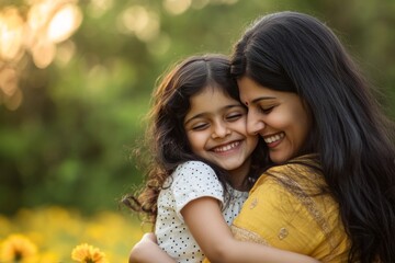 mother daughter embracing field yellow flowers is wearing happy indian having