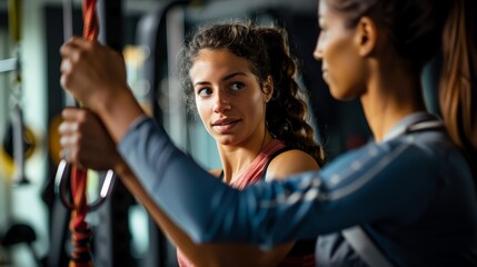 Wall Mural - Two women work out at the gym, one is using a cable machine.