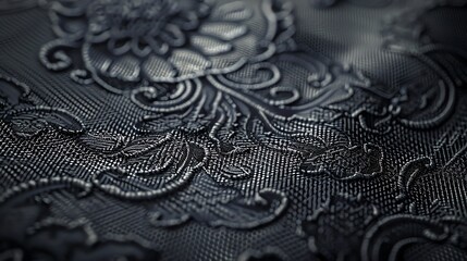 A close up of a black fabric with a textured floral pattern.